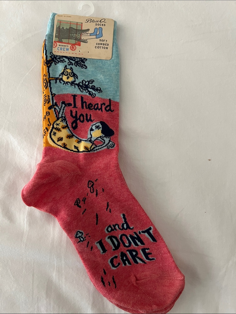 Blue Q Pink and Teal 'I Heard You' Graphic Crew Socks